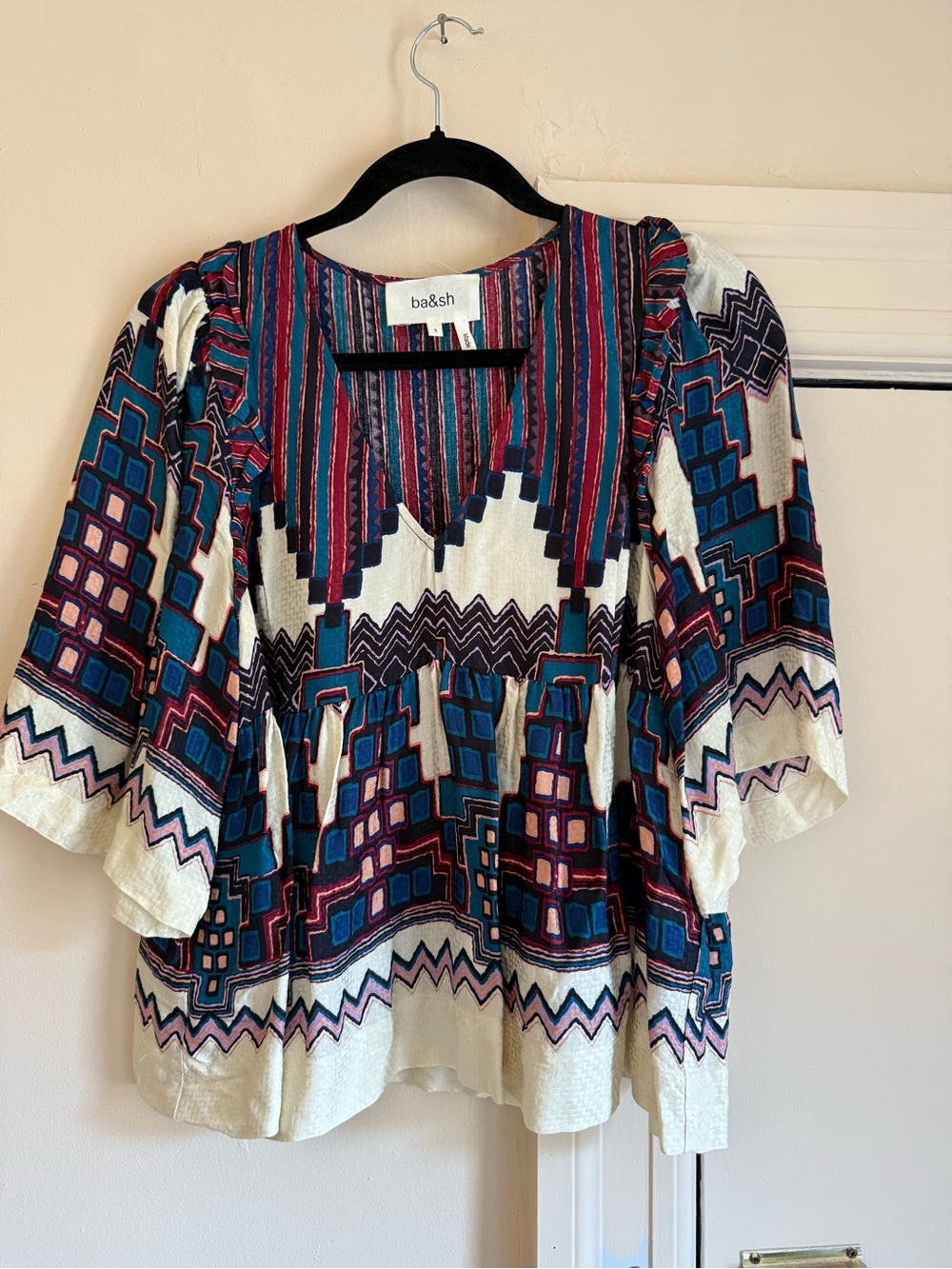 ba&sh Ivory Multicolor Geometric Peasant Blouse